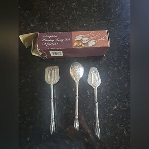 Vintage R. Morgan 3 Piece Silver Plated Serving Tong Set In Original Box